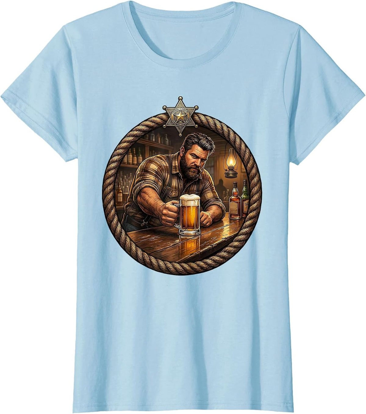 Old Western Saloon Bartender Sliding Beer Mug T-Shirt - Baby Blue