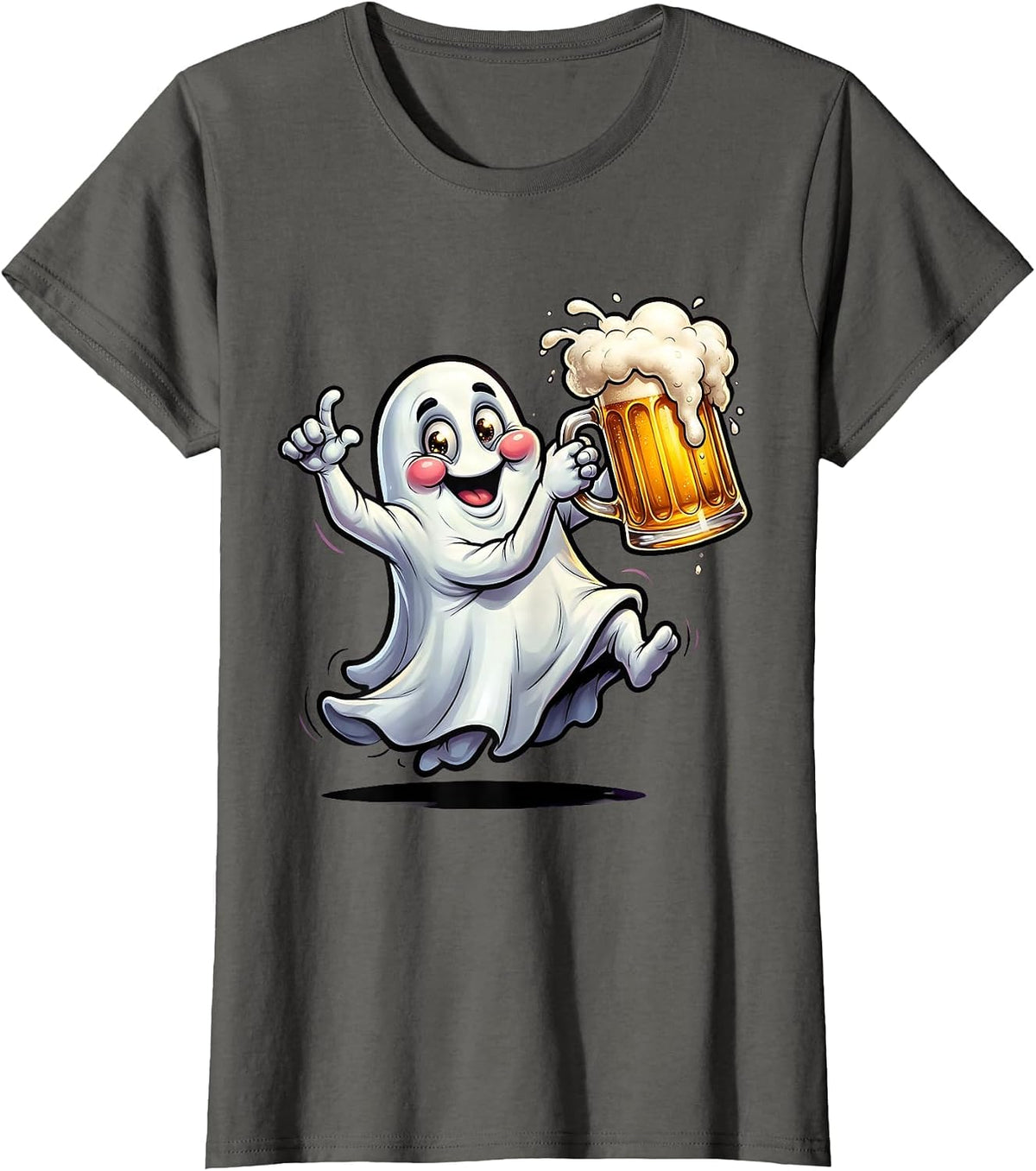 Women's Ghost Holding Frothy Beer Mug Illustration T-Shirt - Asphalt Grey