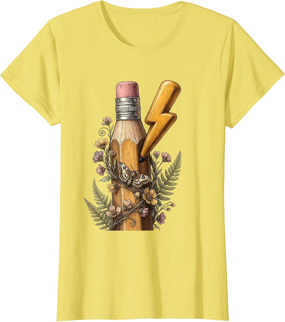 Women's English Teacher Pencil Lightning Bolt Graphic T-Shirt - Lemon Yellow