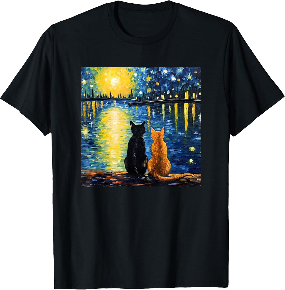 Two Cats Starry Night Lover Cat Art Painting Kitten Van Gogh T-Shirt - Black