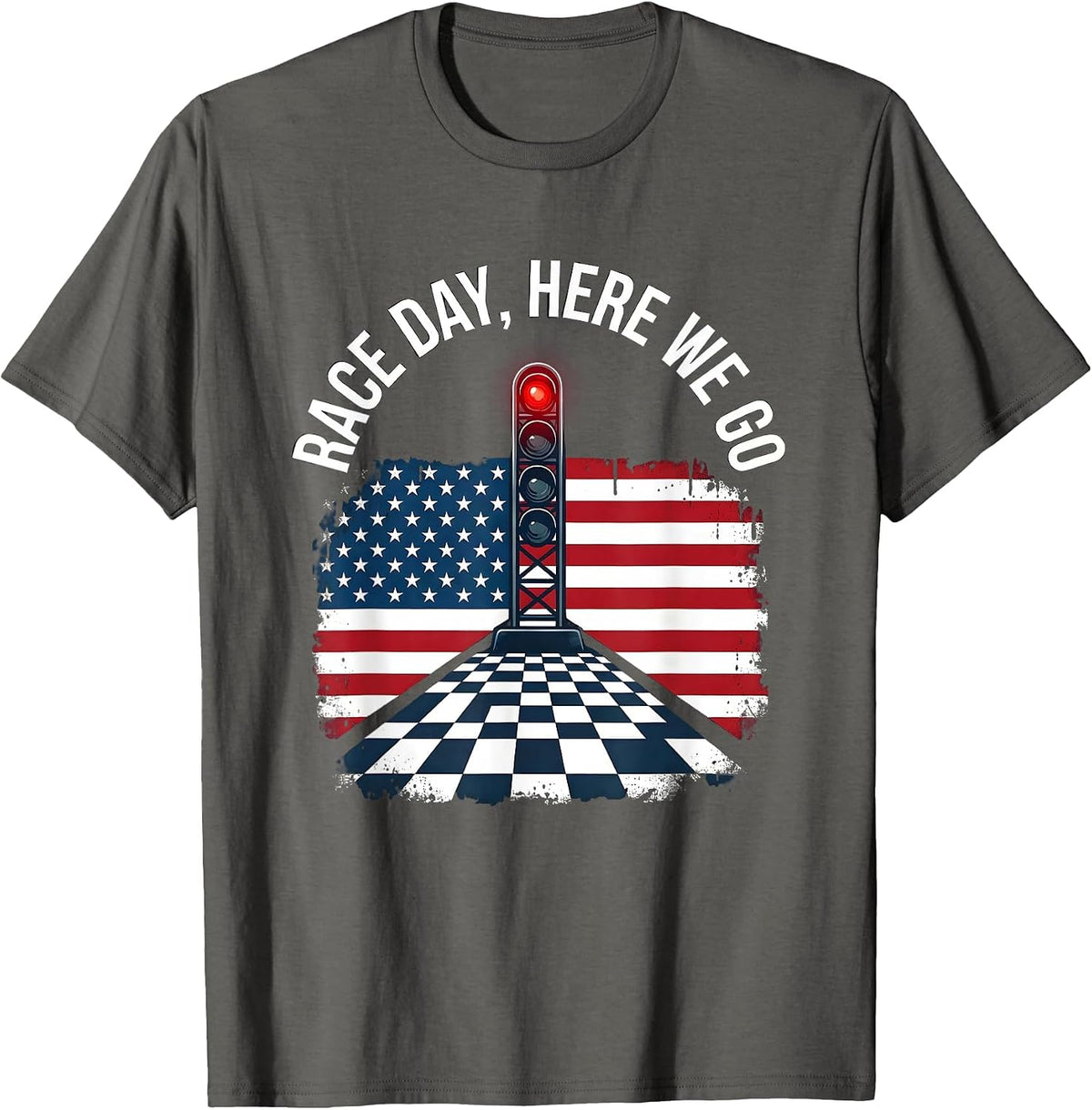 Men's Race Day Here We Go Patriotic Checkered Flag Drag Racing Fan T-Shirt - Asphalt Grey