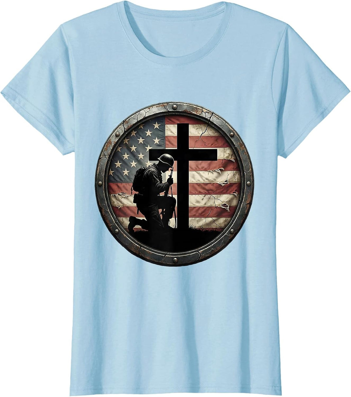 Soldier Bowing at Cross Memorial Patriotic Design T-Shirt - Baby Blue
