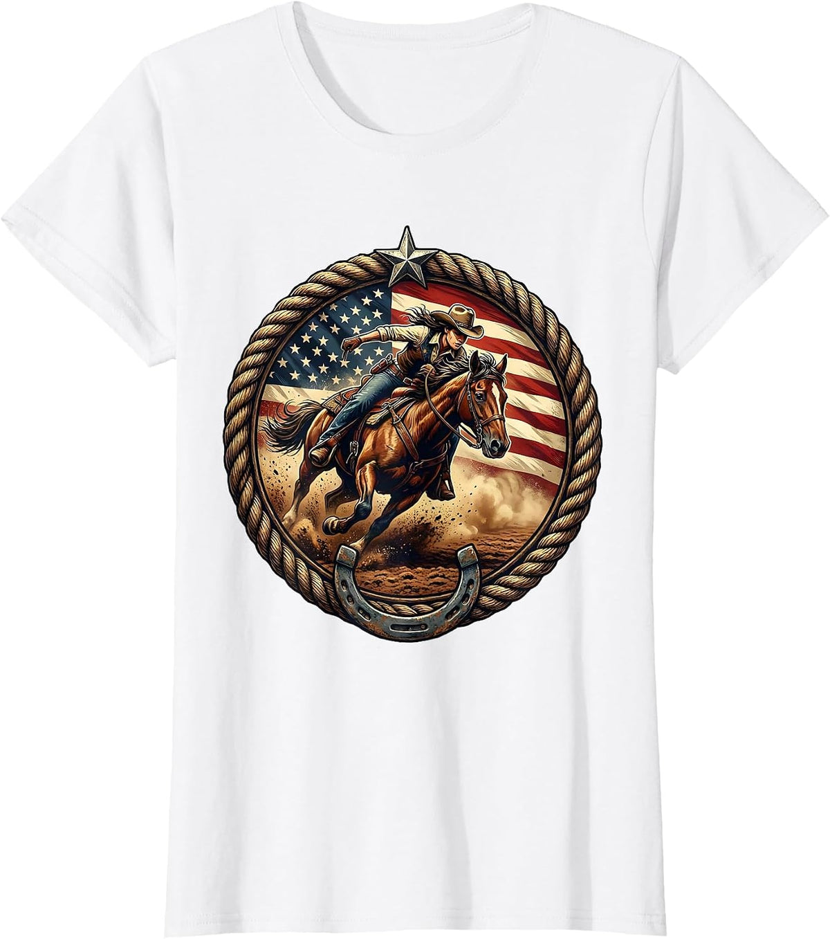 Women's Cowgirl Barrel Racing Dusty Turn Rodeo Graphic T-Shirt - White