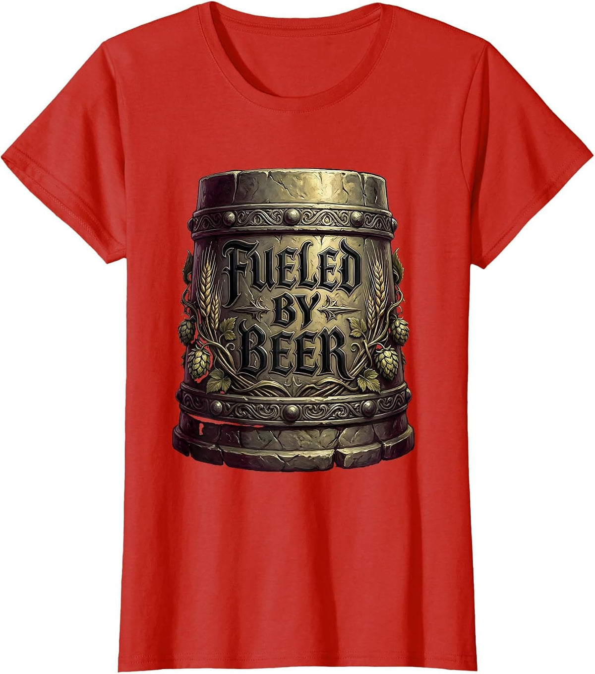 Women's Fueled by Beer Funny Drinking Design T-Shirt - Red