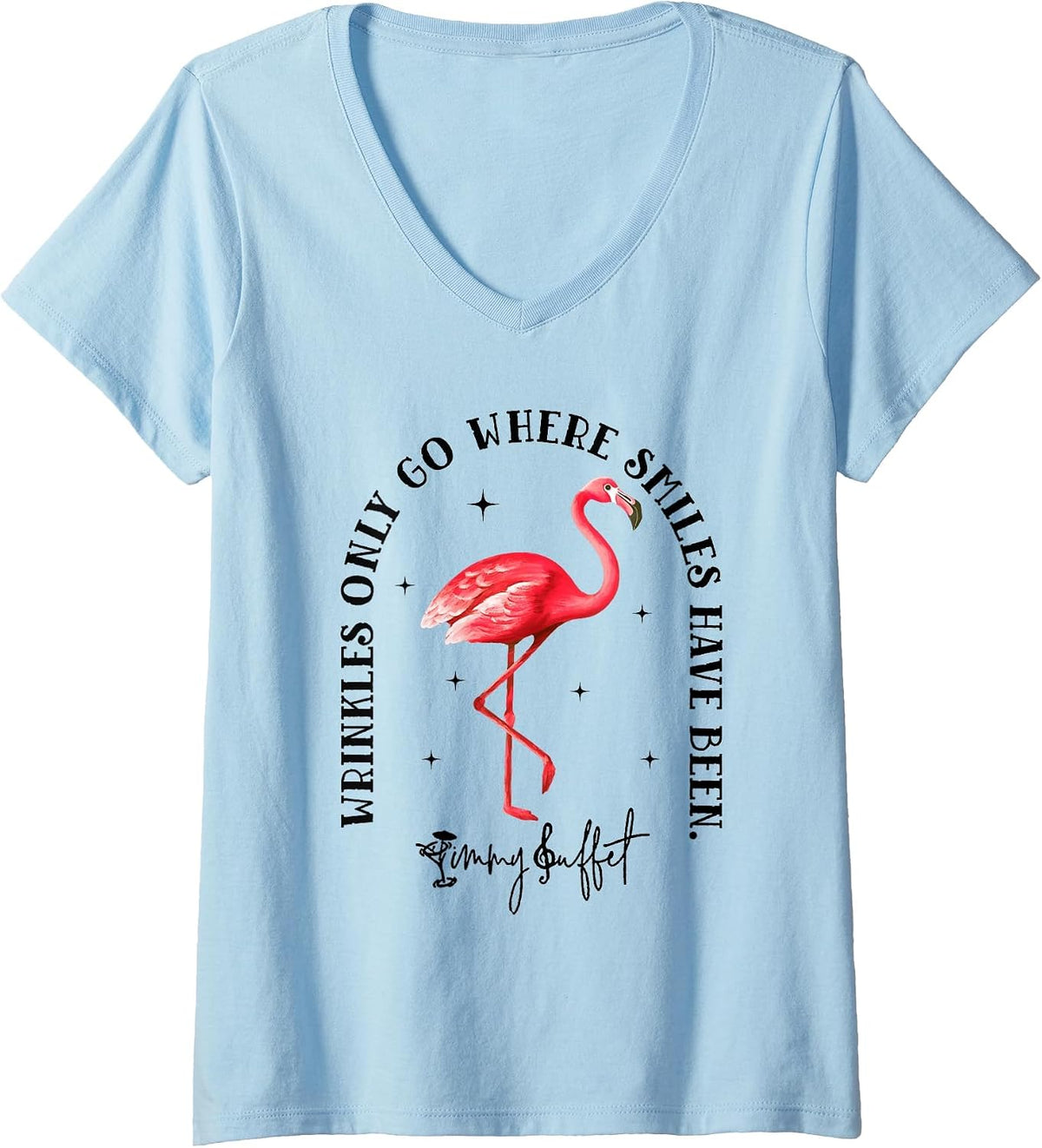 Women's Wrinkles Only Go Where Smiles Have Been Flamingo V-Neck T-Shirt - Baby Blue