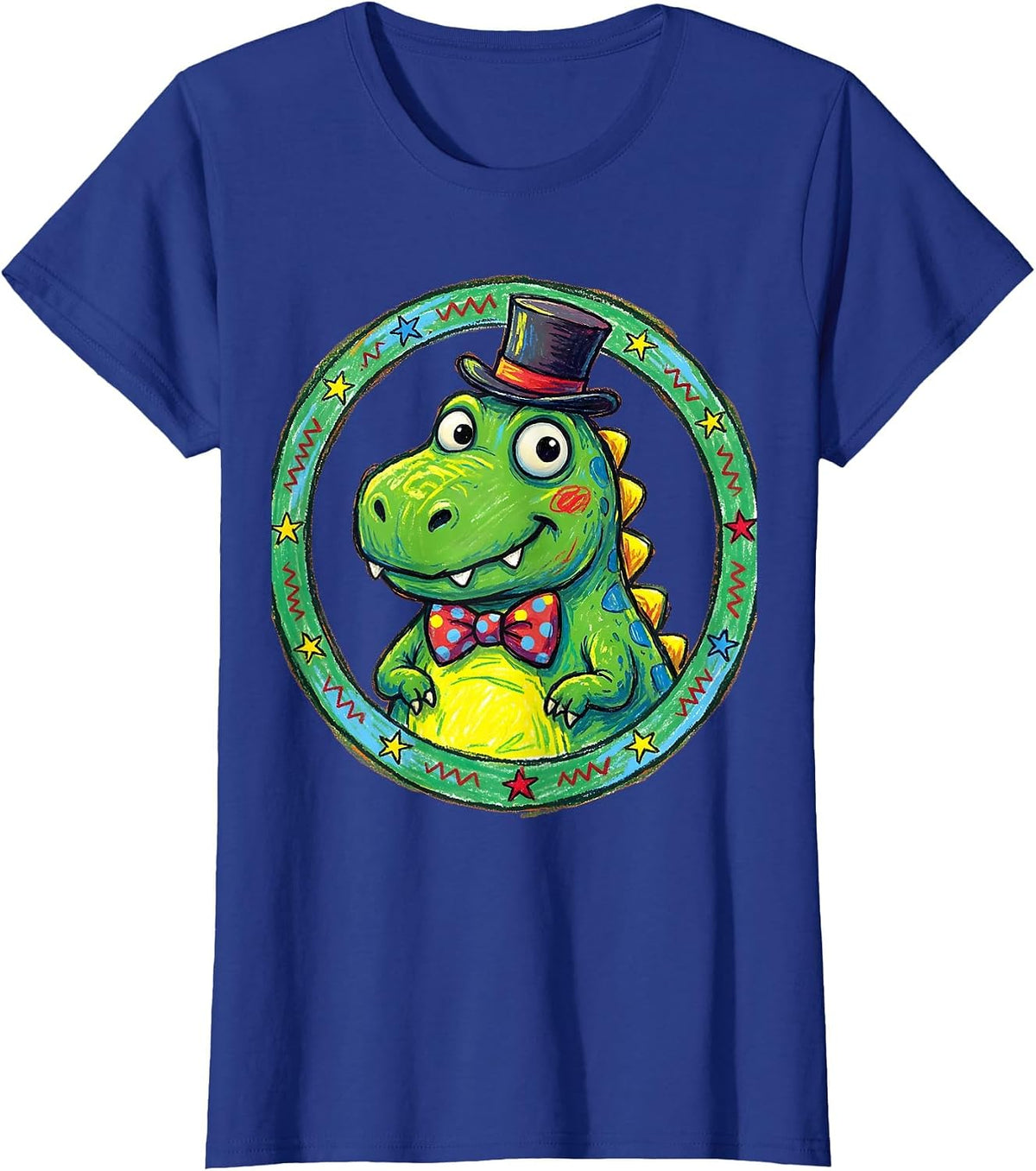 Women's Derpy Dinosaur Tiny Hat and Bowtie Illustration T-Shirt - Royal Blue