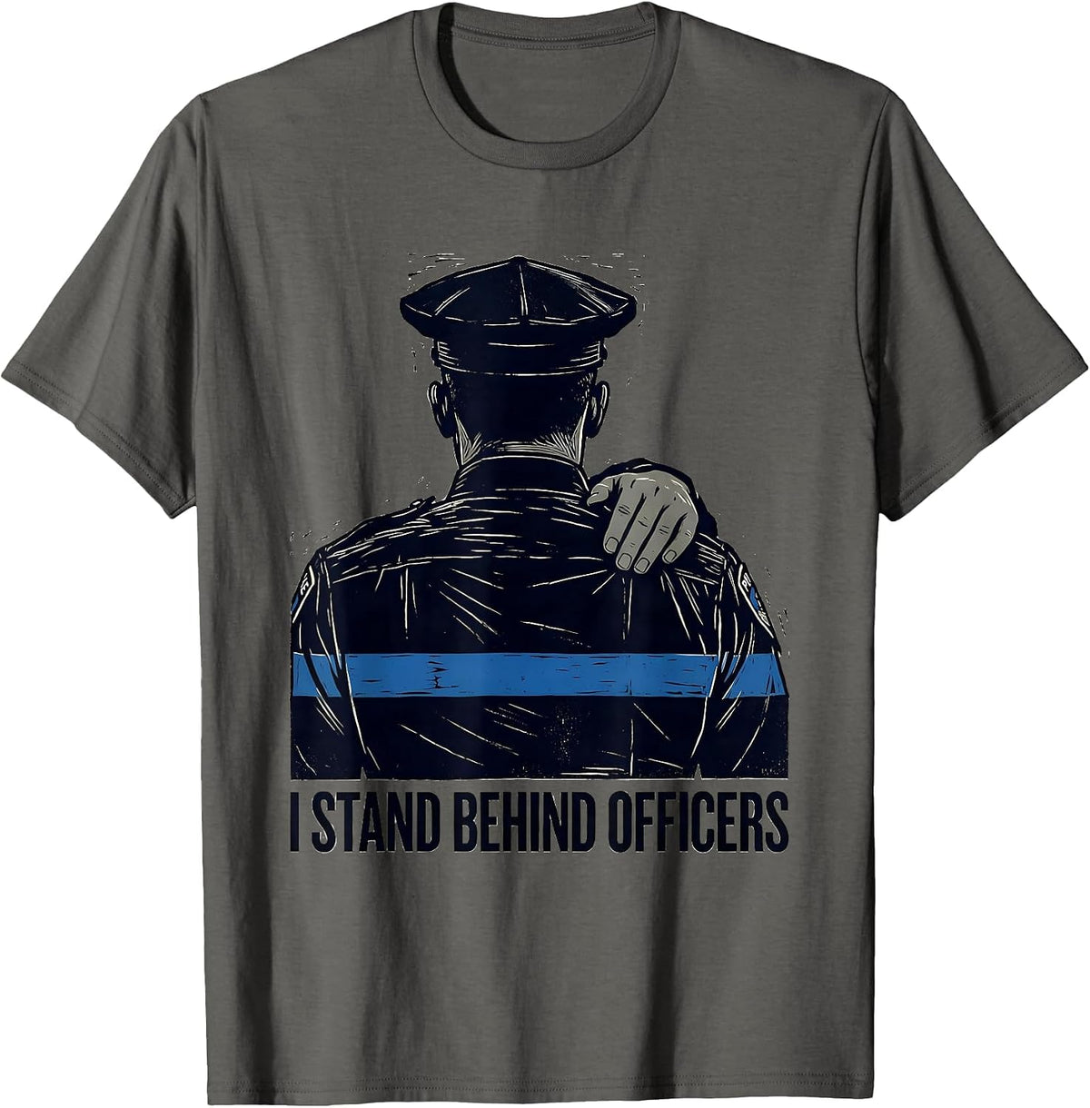 Men's I Stand Behind Officers Thin Blue Line Police Support T-Shirt - Asphalt Grey