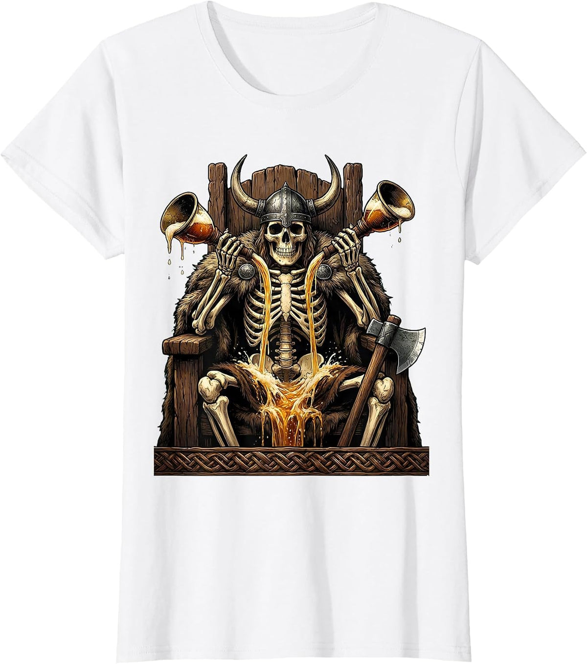 Skeleton Viking Drinking Horn Beer Illustration T-Shirt - White