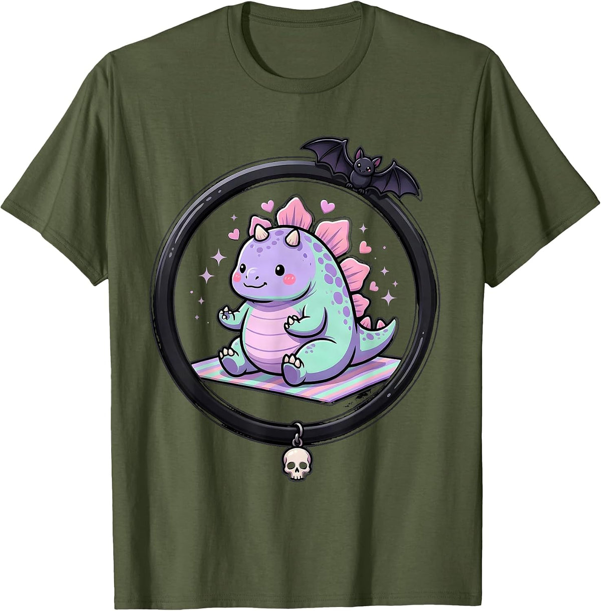 Stegosaurus Yoga Pose Dinosaur Illustration T-Shirt - Olive Green