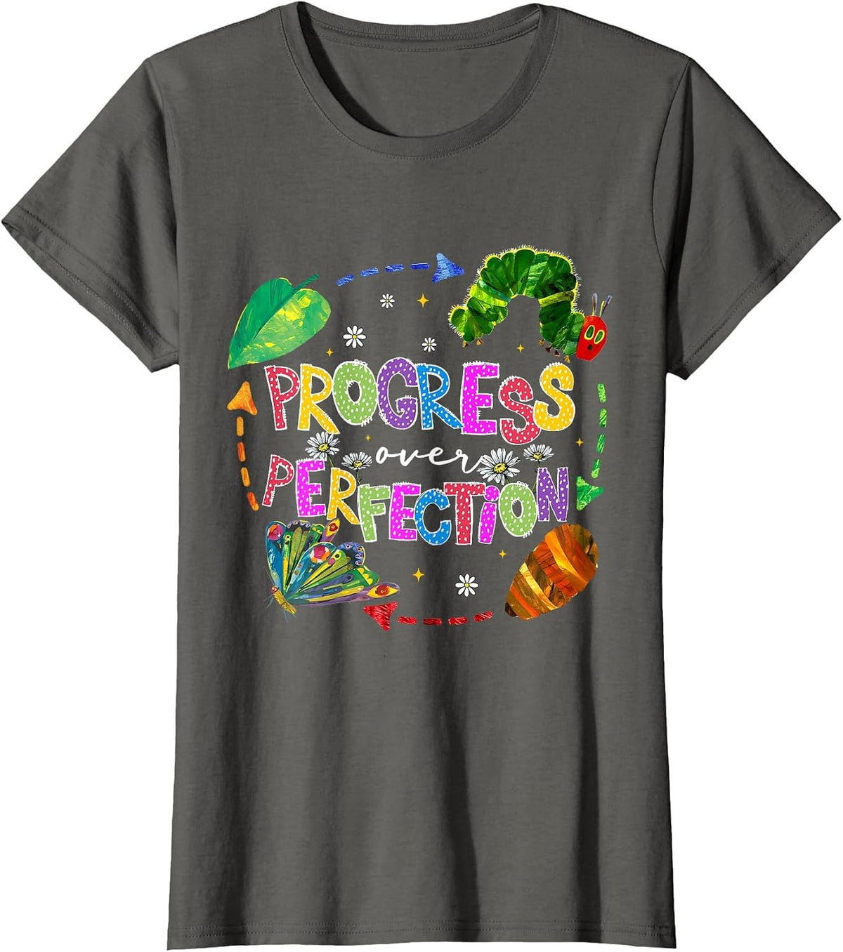 Progress Over Perfection Caterpillar Teacher Back to School T-Shirt - Asphalt Grey