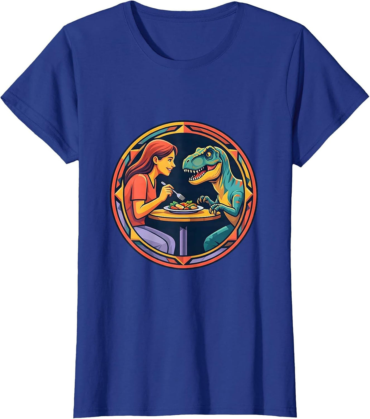 Women's Dinosaur Dining Velociraptor Meal Sharing Graphic T-Shirt - Royal Blue