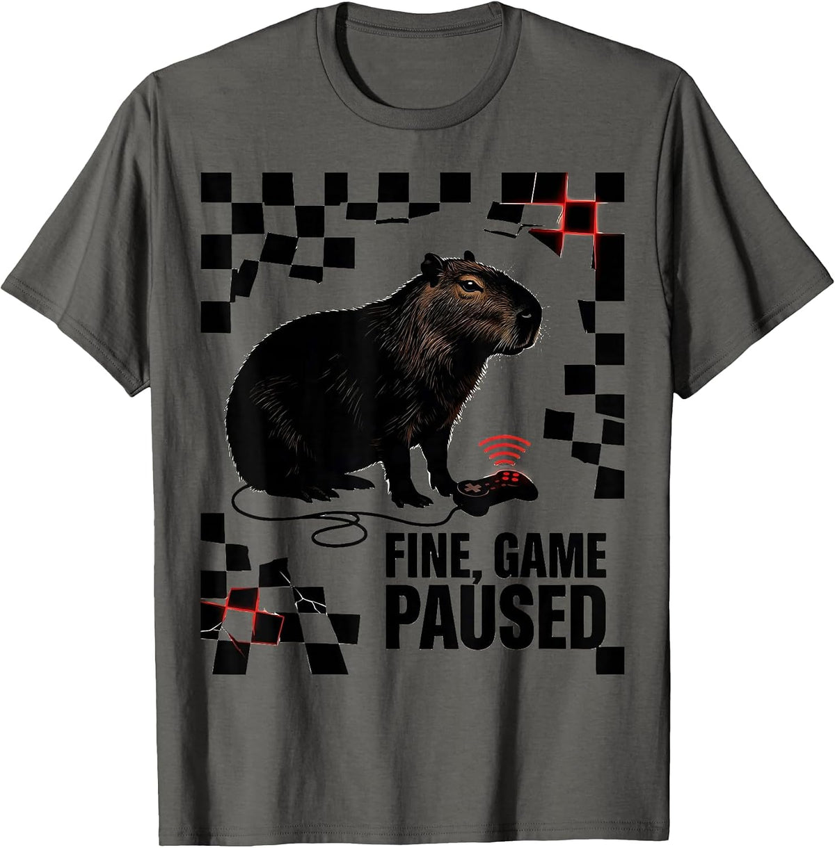 Fine, Game Paused Capybara Gamer Bruh Meme Humor T-Shirt - Asphalt Grey