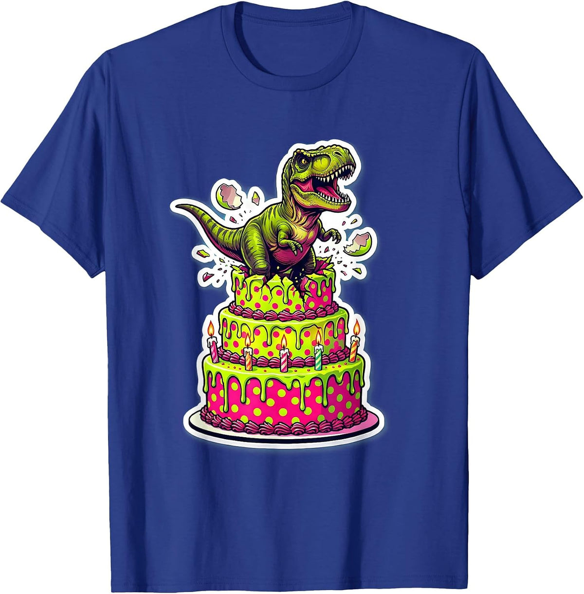 Baby Dinosaur Hatching Birthday Cake Illustration T-Shirt - Royal Blue