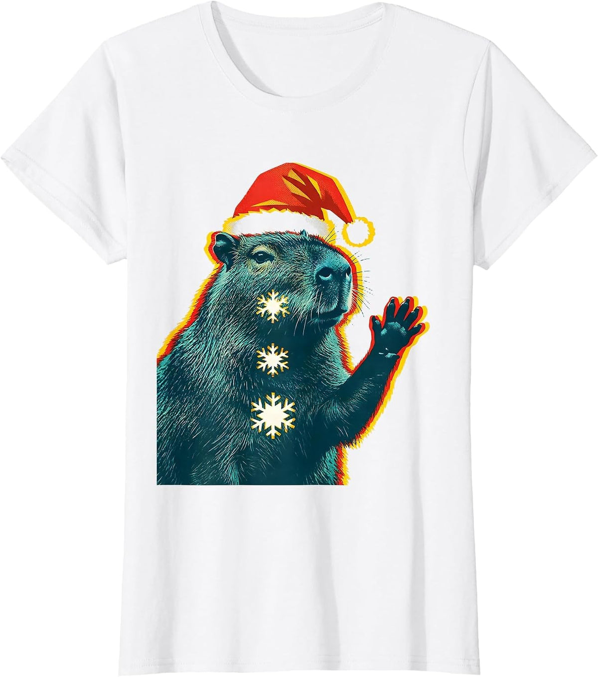 Capybara Santa Hat Risograph Holiday Animal Lover T-Shirt - White