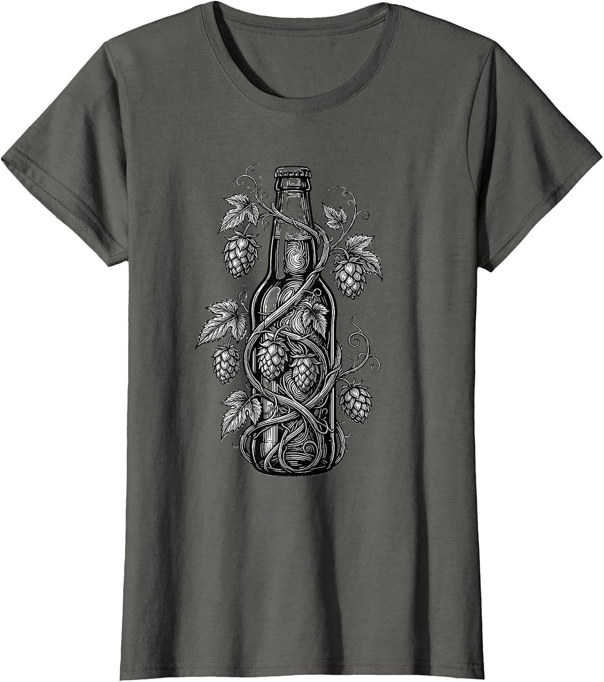 Women's Hop Vine Wrapped Beer Bottle Illustration T-Shirt - Asphalt Grey