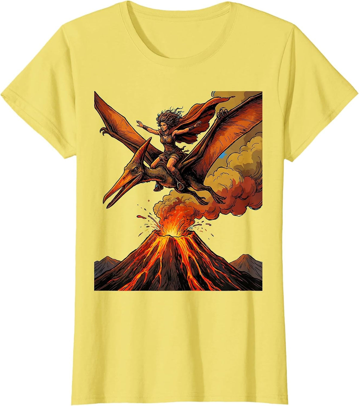 Women's Pterodactyl Soaring Above Volcano Dinosaur Tee T-Shirt - Lemon Yellow