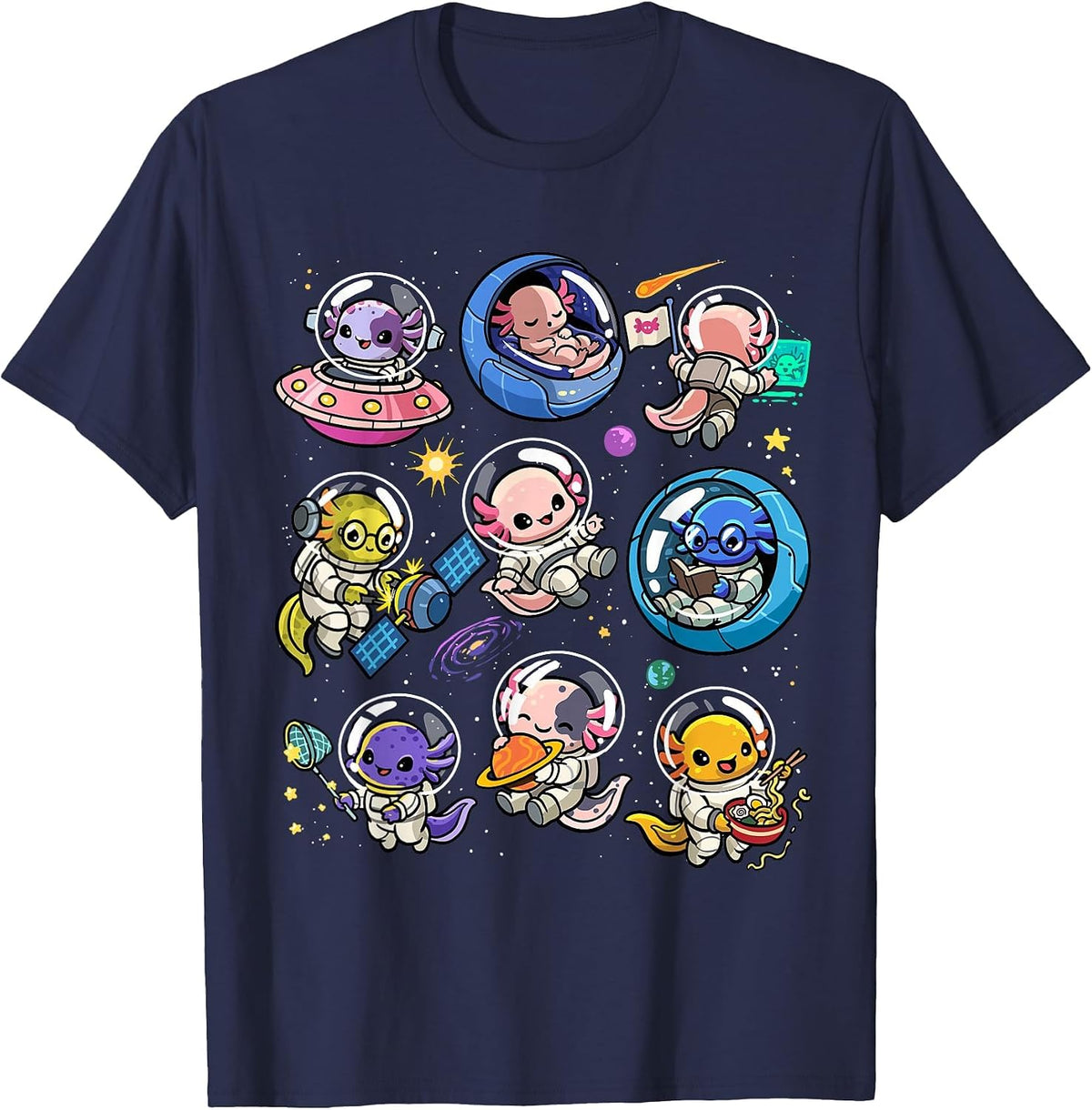 Space Axolotls Cute Galaxy Astronaut Axolotl Animal Planets T-Shirt - Navy Blue