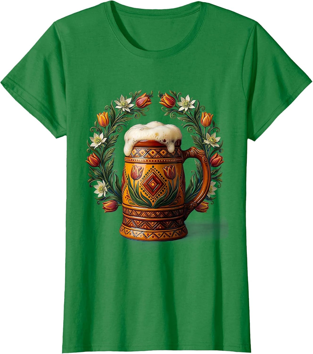 Women's Oktoberfest Beer Mug Floral Wreath Illustration T-Shirt - Kelly Green