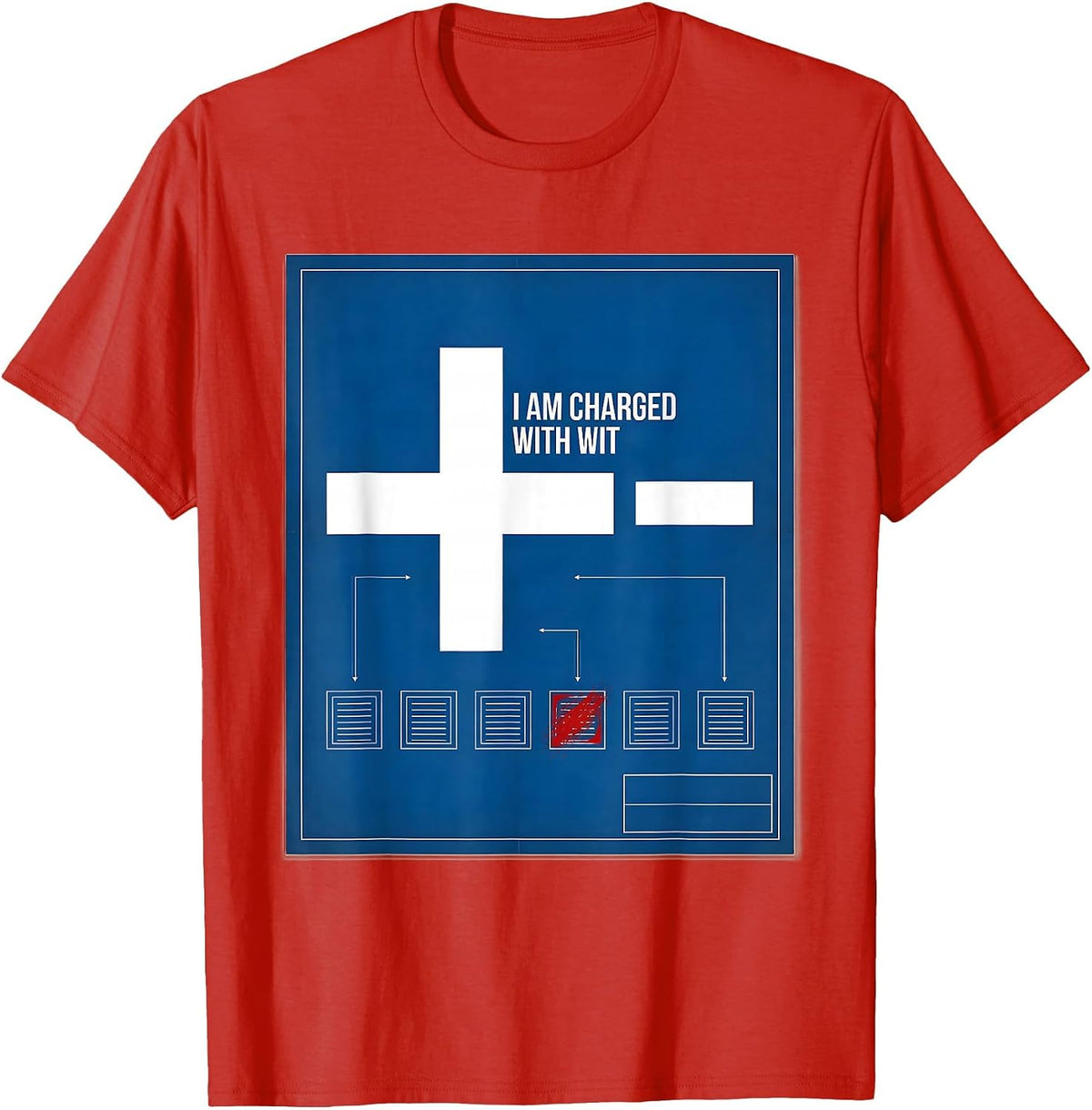 Men's I Am Charged With Wit Technical Blueprint Science Teacher T-Shirt - Red