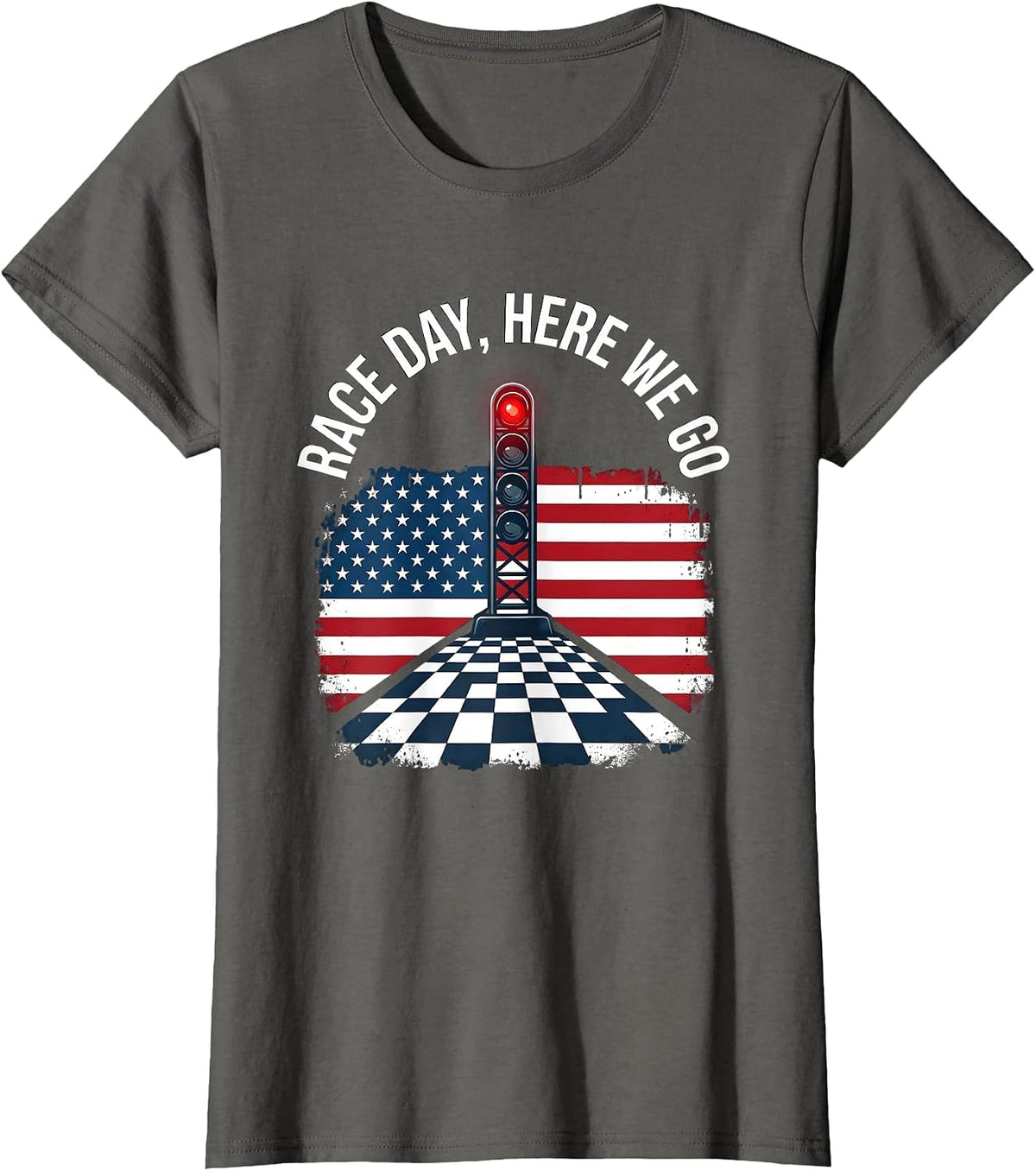 Women's Race Day Here We Go Patriotic Checkered Flag Drag Racing Fan T-Shirt - Asphalt Grey