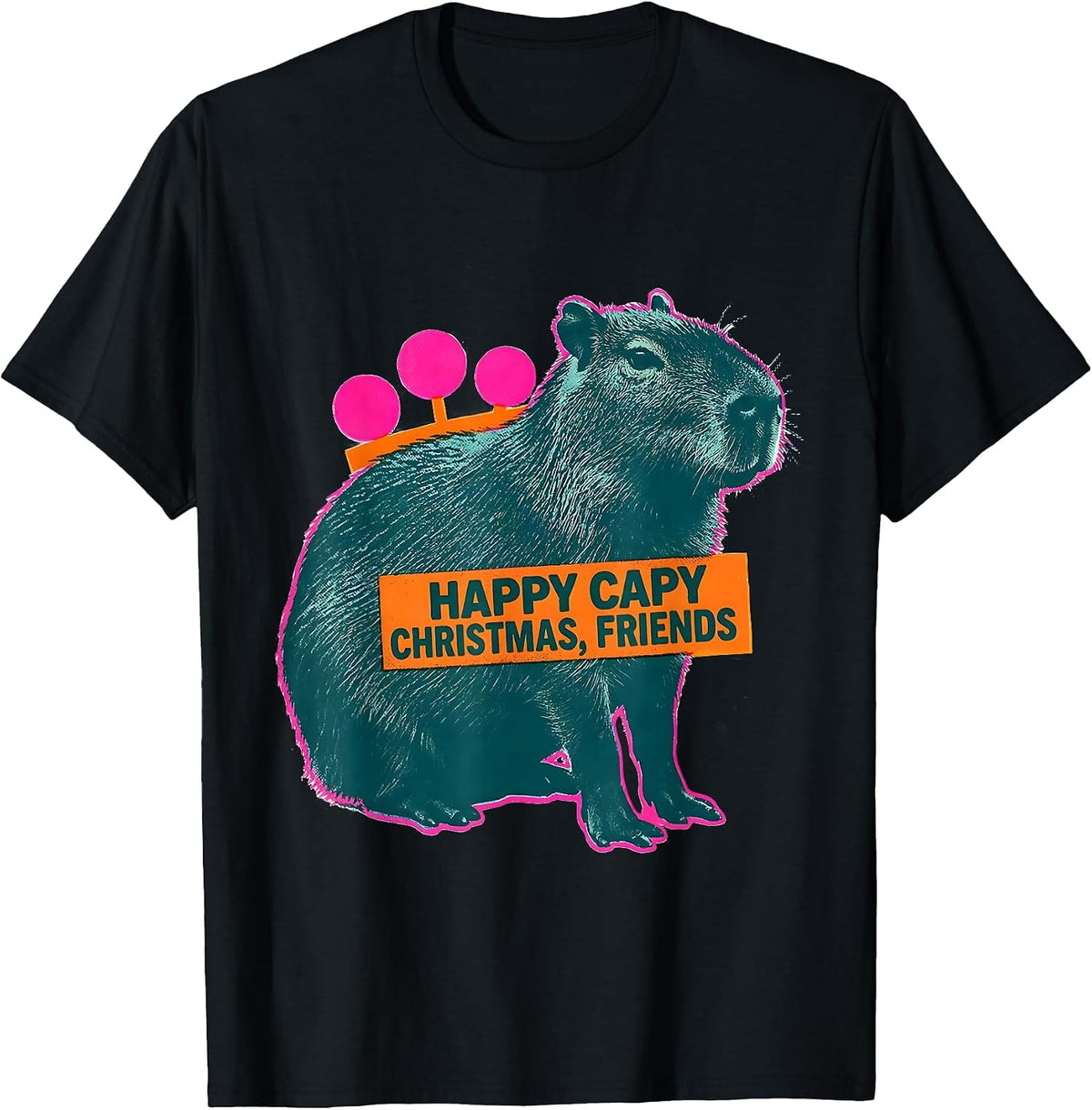 Men's Happy Capy Christmas, Friends Risograph Capybara Lover T-Shirt - Black