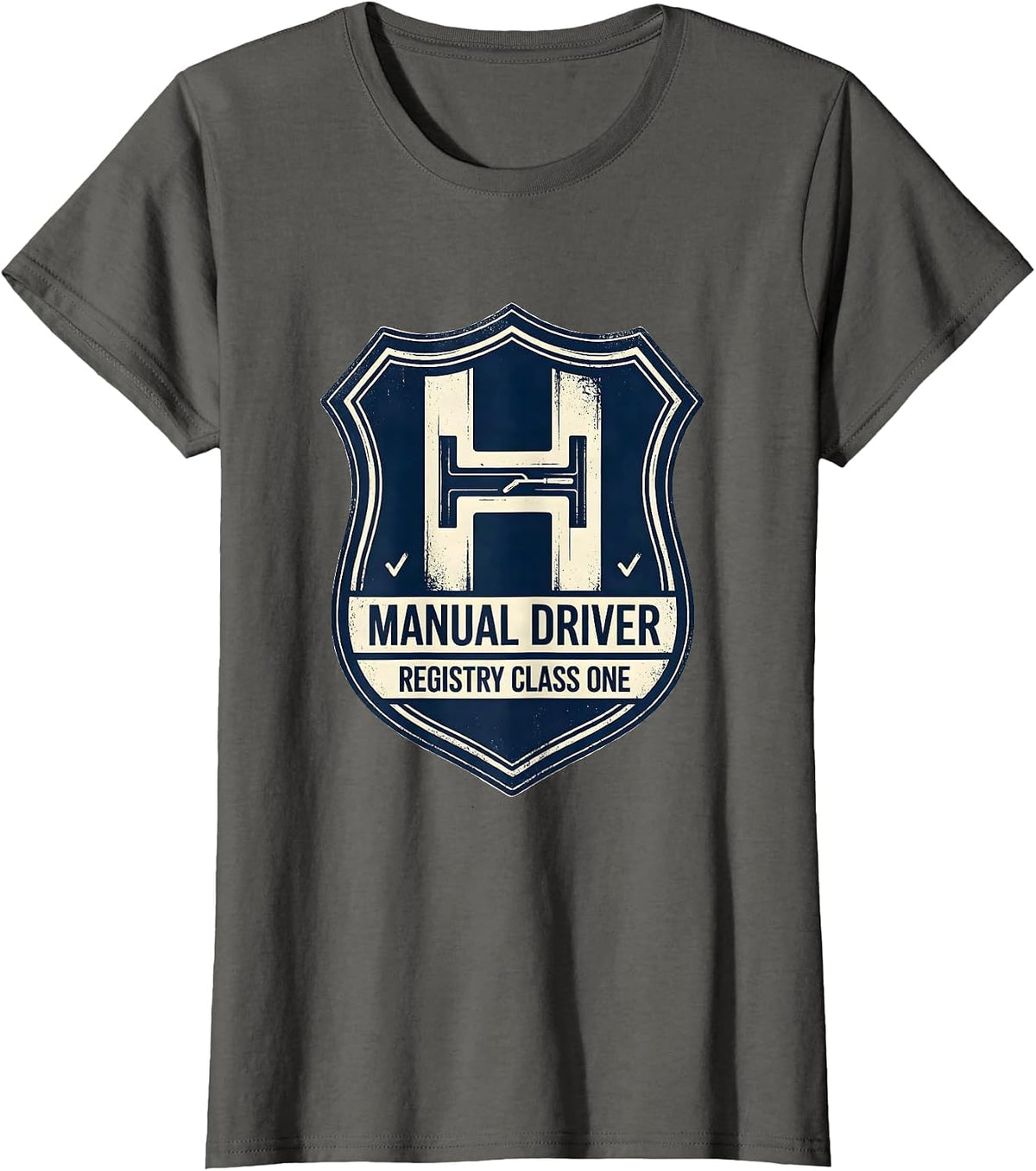 Women's Manual Driver Registry Class One Funny Car Guy Stick Shift T-Shirt - Asphalt Grey