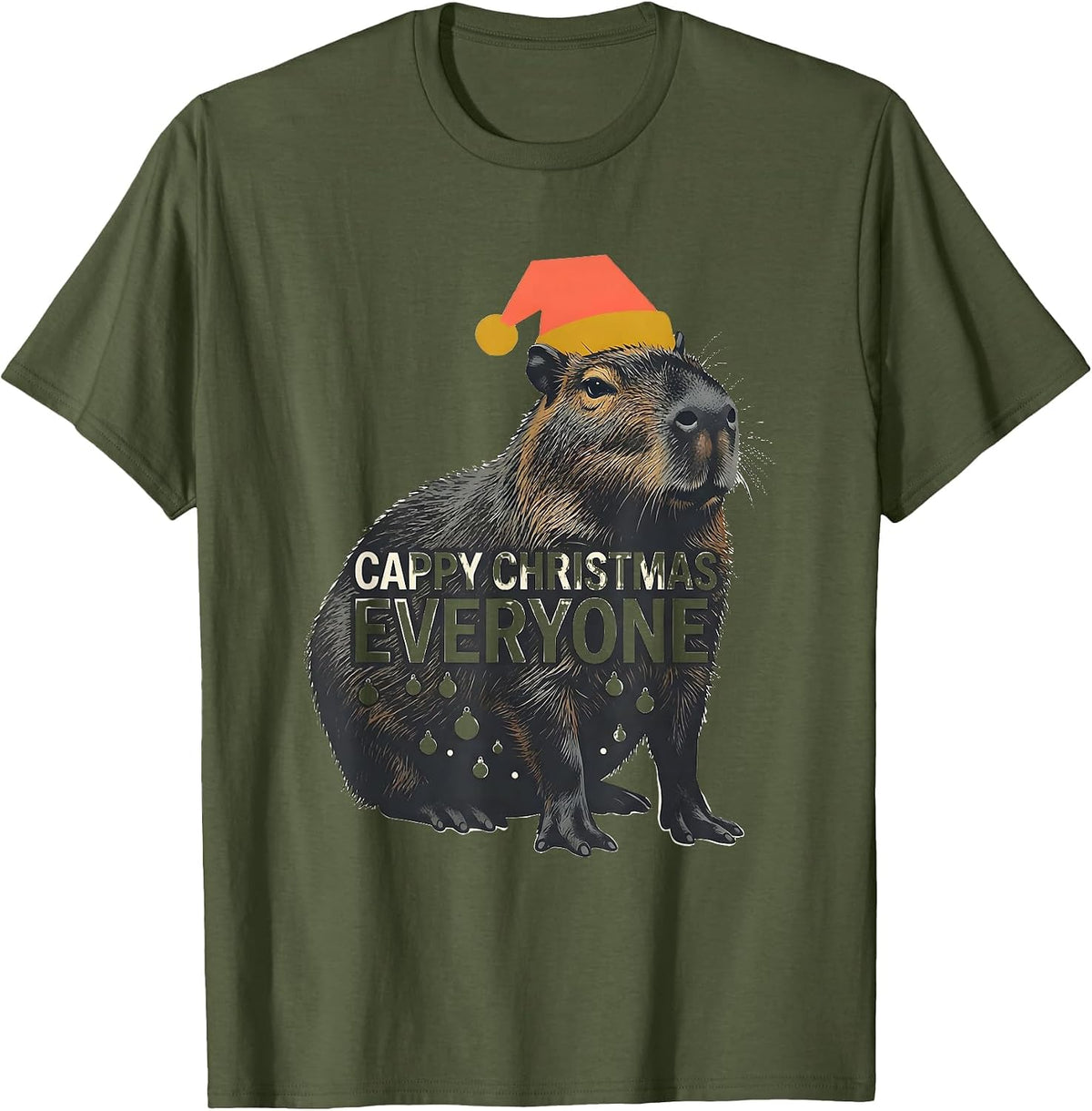 Cappy Christmas Everyone Midcentury Modern Capybara Santa T-Shirt - Olive Green
