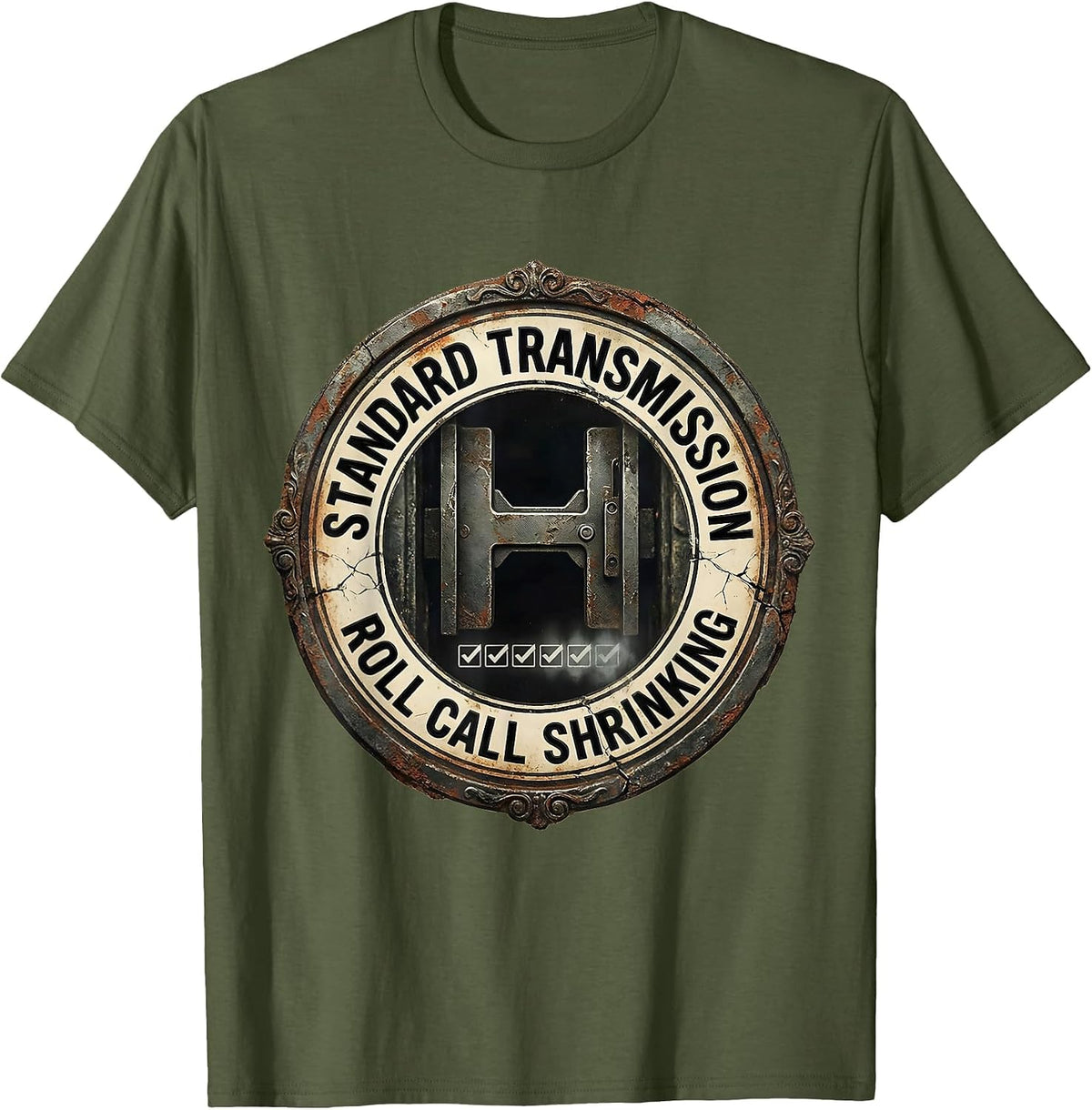 Men's Standard Transmission: Roll Call Shrinking Vintage Car Guy T-Shirt - Olive Green