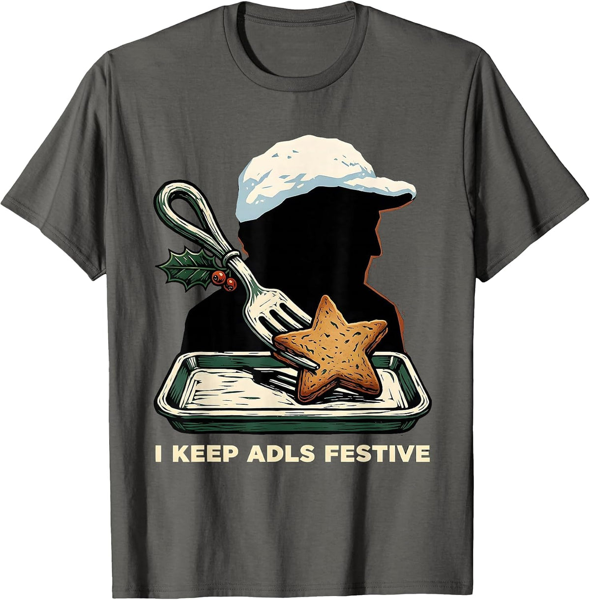 I Keep ADLs Festive Linocut Occupational Therapist Christmas T-Shirt - Asphalt Grey