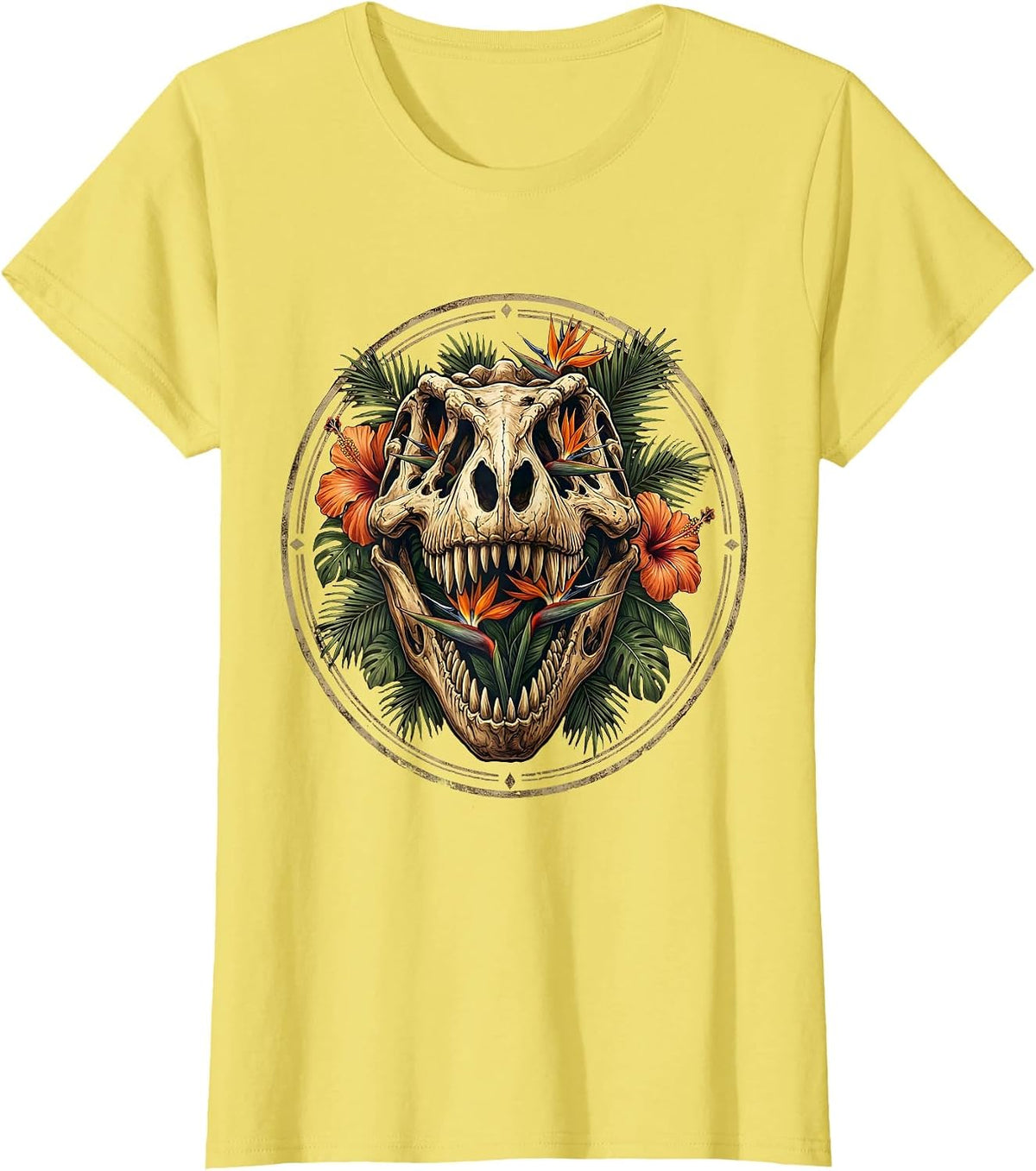 T-Rex Skull Tropical Floral Dinosaur Art T-Shirt - Lemon Yellow