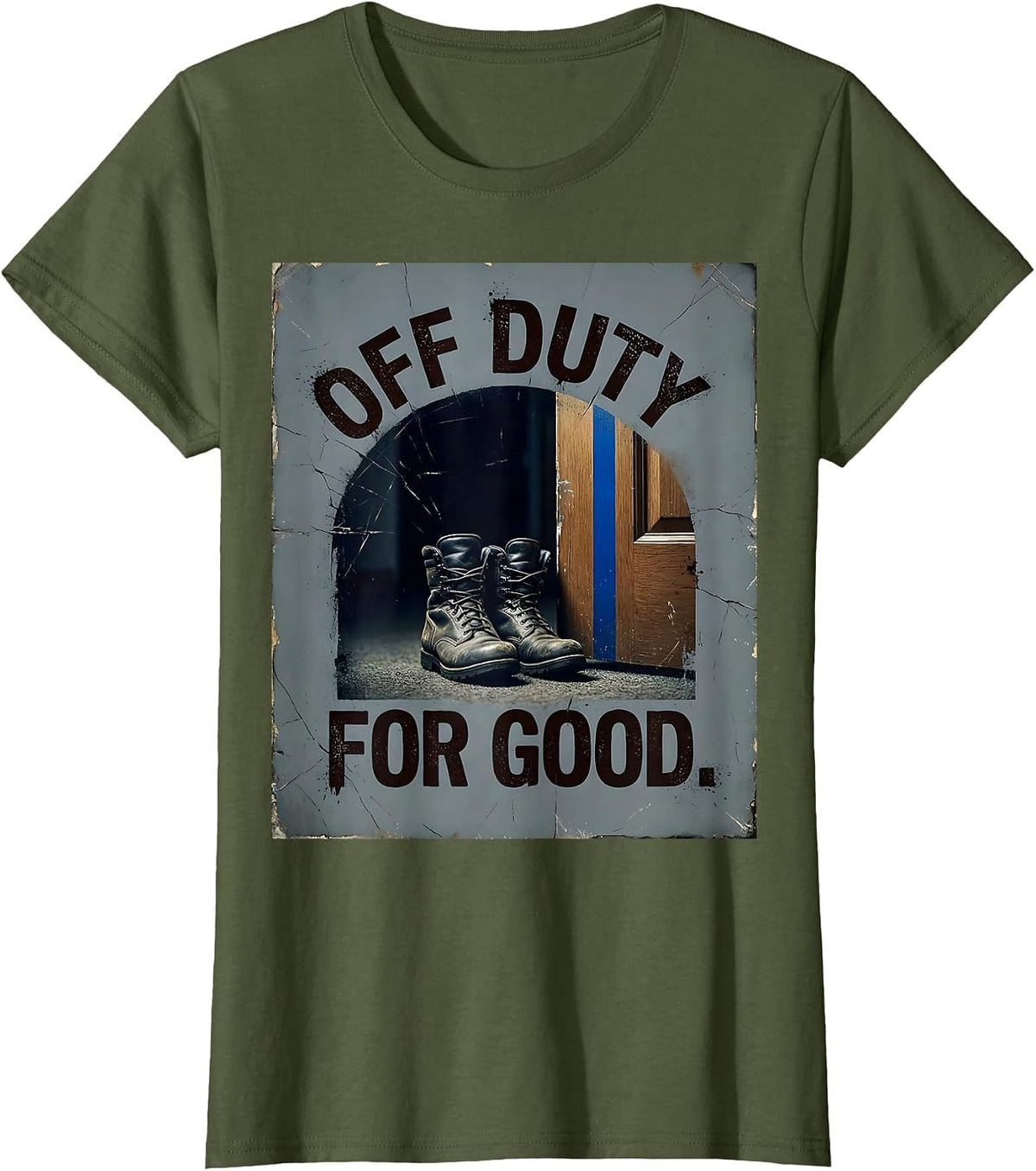 Women's Off Duty For Good Distressed Thin Blue Line Police T-Shirt - Olive Green