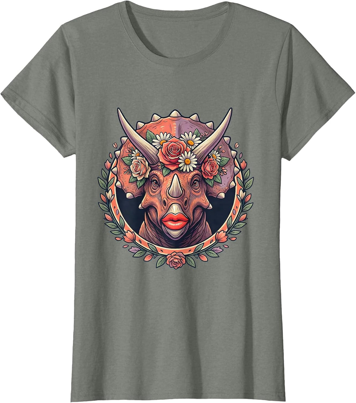 Floral Crown Triceratops Dinosaur Graphic Tee T-Shirt - Olive Heather