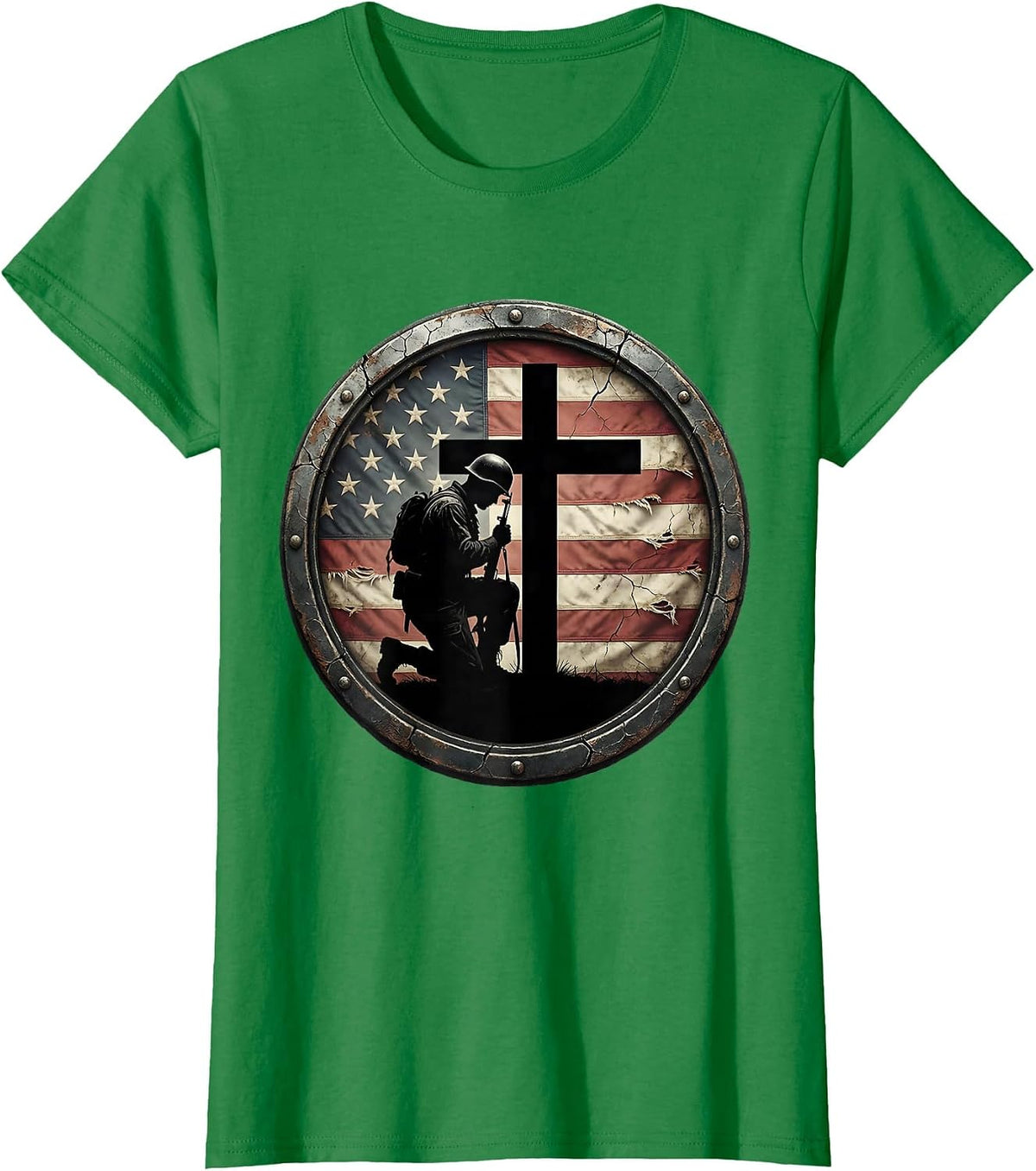Soldier Bowing at Cross Memorial Patriotic Design T-Shirt - Kelly Green
