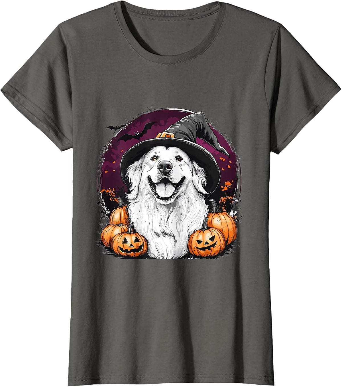 Great Pyrenees Dog Whitch Hat Halloween Pumpkin Spooky Happy T-Shirt - Asphalt Grey