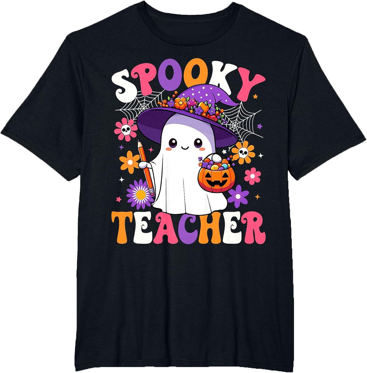 Spooky Teacher Halloween Cute Halloween Teacher Ghost T-Shirt - Black