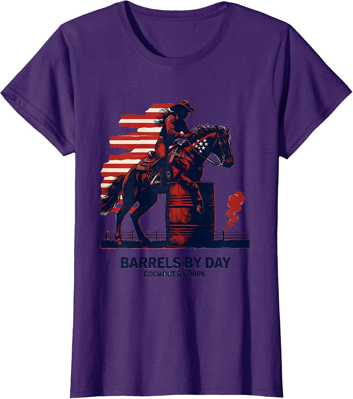 Women's Barrels By Day, Cookout By Dark Patriotic Horse 4th of July T-Shirt - Purple