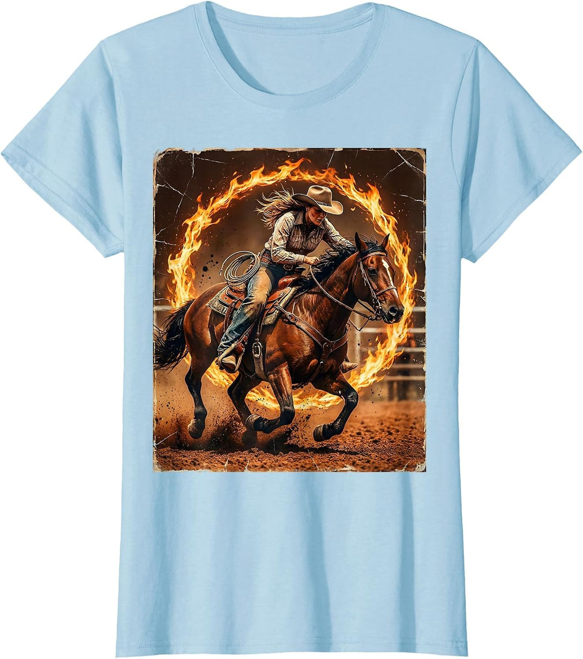 Cowgirl Barrel Racing Fire Ring Graphic T-Shirt - Baby Blue