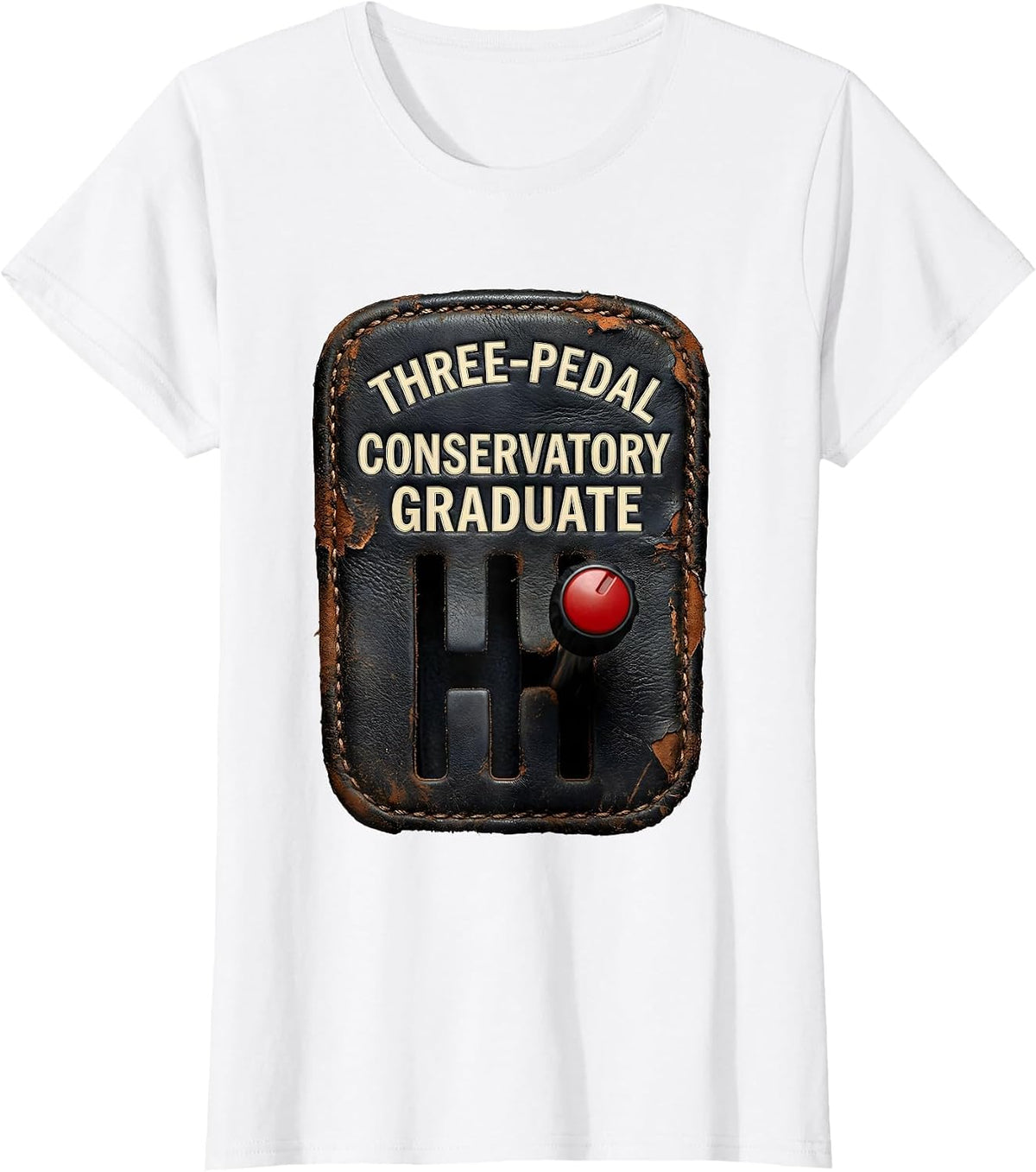 Three-Pedal Conservatory Graduate Distressed Stick Shift Car T-Shirt - White