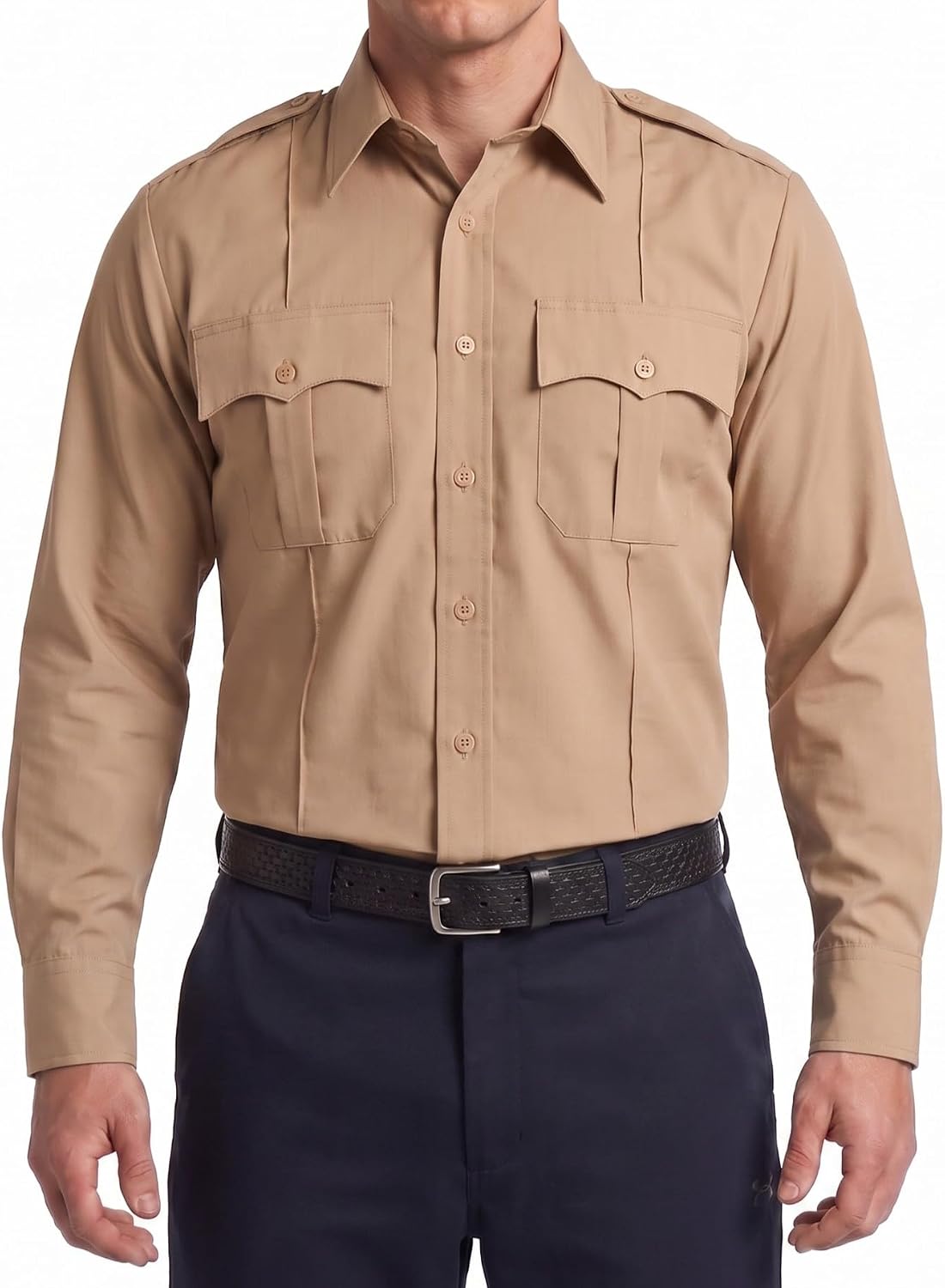 First Class Men's Polycotton Long Sleeve Uniform Shirt - Tactical Work Utility and Safety Security Shirt - Tan