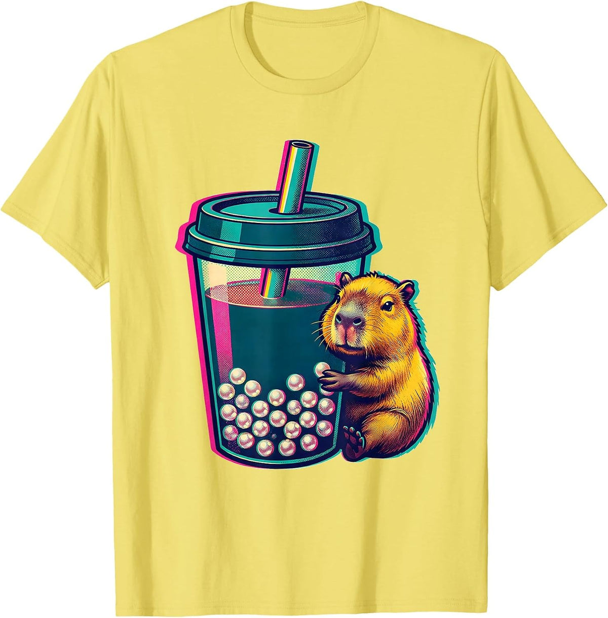 Men's Capybara Boba Tea Kawaii Anime Cute Bubble Tea Lover T-Shirt - Lemon Yellow
