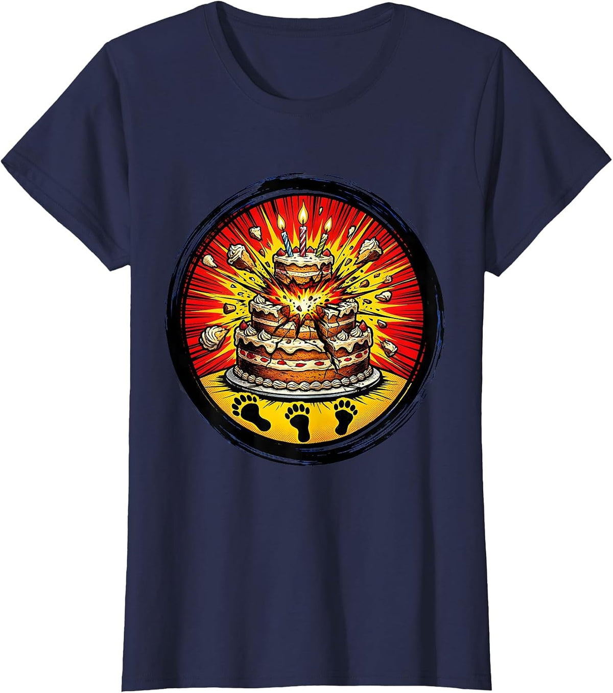 Women's Dinosaur Birthday Cake Smash Funny Dino Footprints T-Shirt - Navy Blue