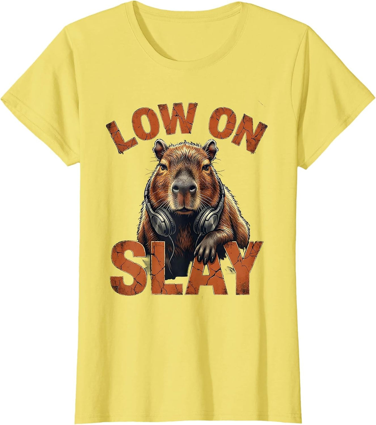 low on slay Distressed Capybara Gamer Meme Humor T-Shirt - Lemon Yellow