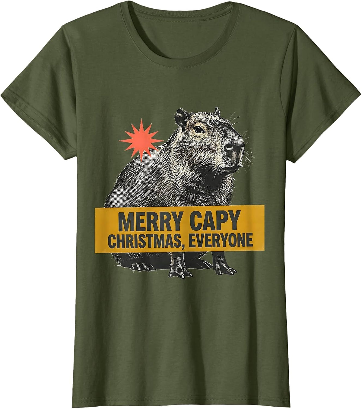 Women's Merry Capy Christmas, Everyone Midcentury Modern Capybara T-Shirt - Olive Green