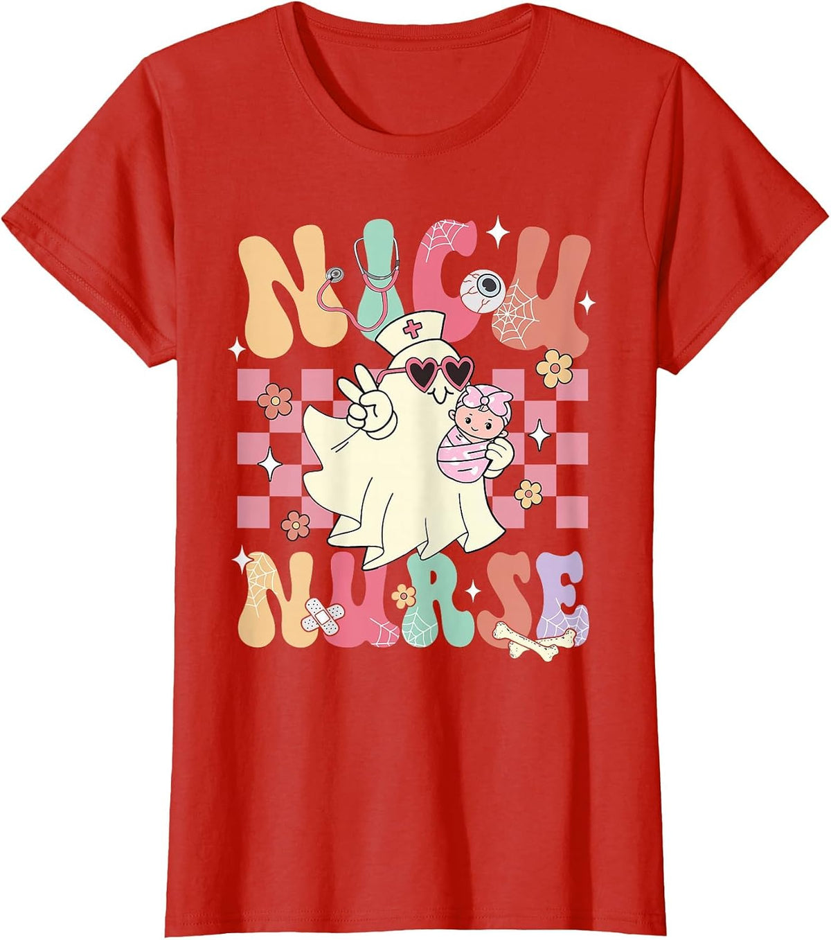 NICU Nurse Spooky Ghost Halloween Cute Nursing Costume T-Shirt - Red