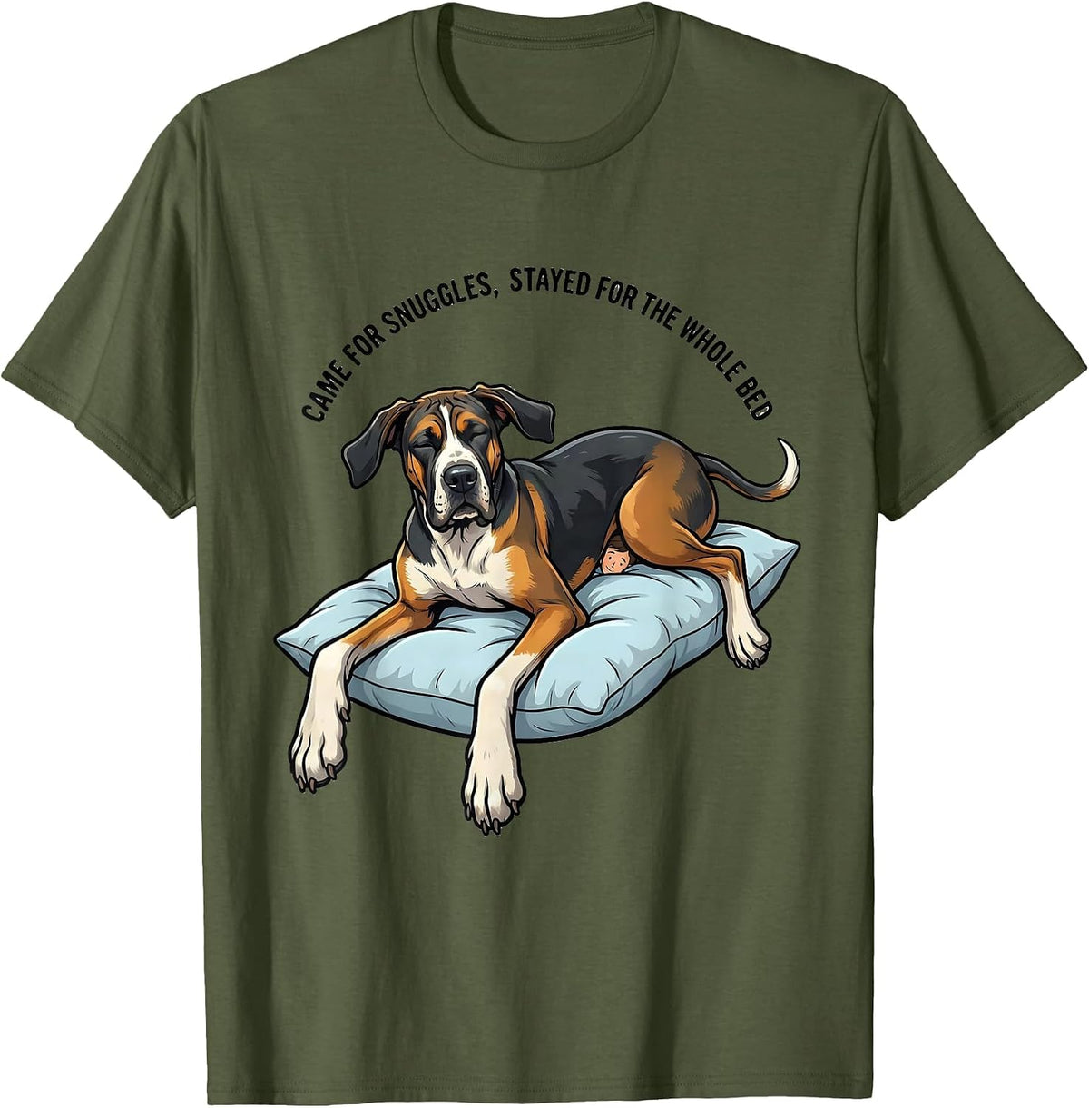 Men's Came For Snuggles, Stayed For The Whole Bed Great Dane T-Shirt - Olive Green