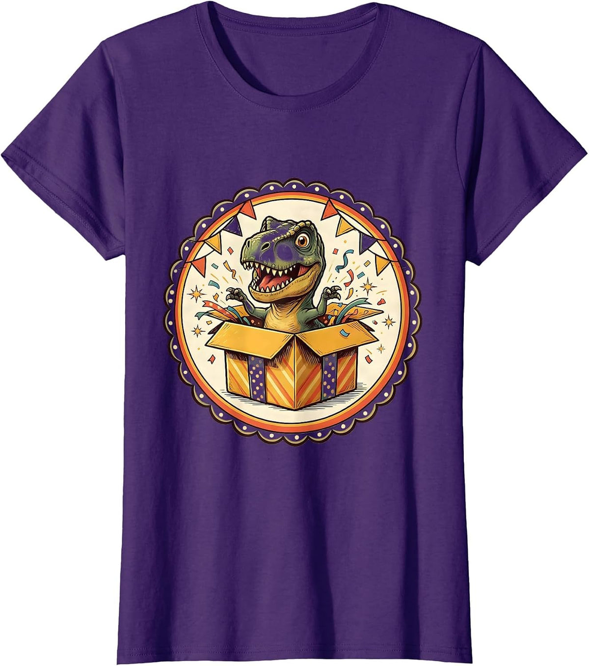 Women's Dinosaur Peeking Out of Gift Box Birthday Design T-Shirt - Purple