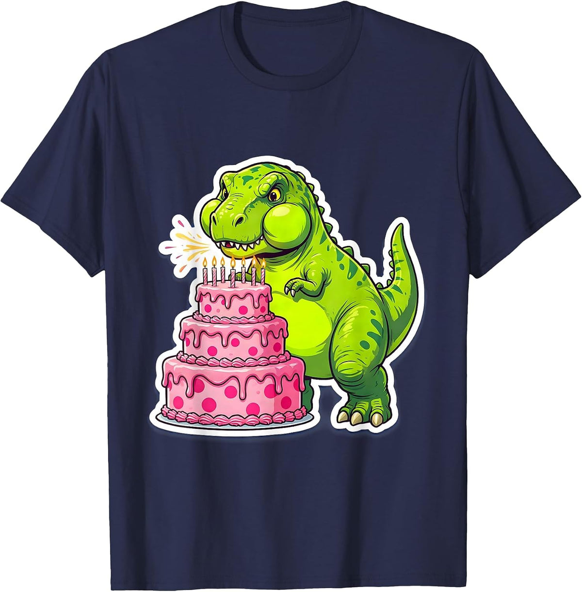 T-Rex Birthday Cake Dinosaur Celebration T-Shirt - Navy Blue