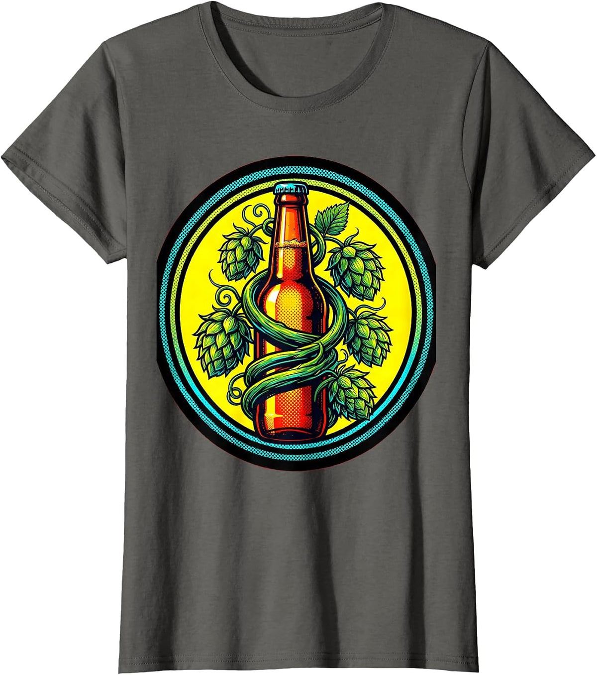 Women's Hop Vine Beer Bottle Botanical Illustration T-Shirt - Asphalt Grey