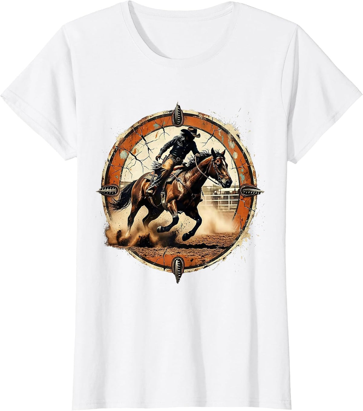 Women's Rodeo Cowgirl Barrel Racing Painted Horse Graphic T-Shirt - White