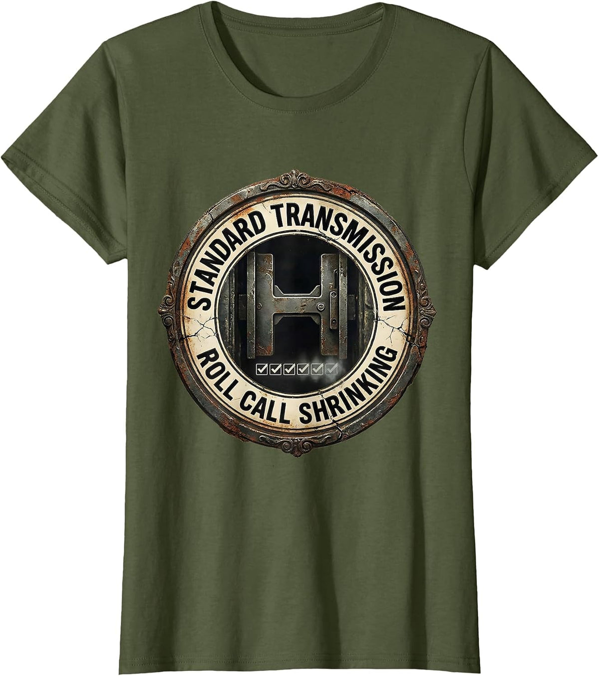 Women's Standard Transmission: Roll Call Shrinking Vintage Car Guy T-Shirt - Olive Green